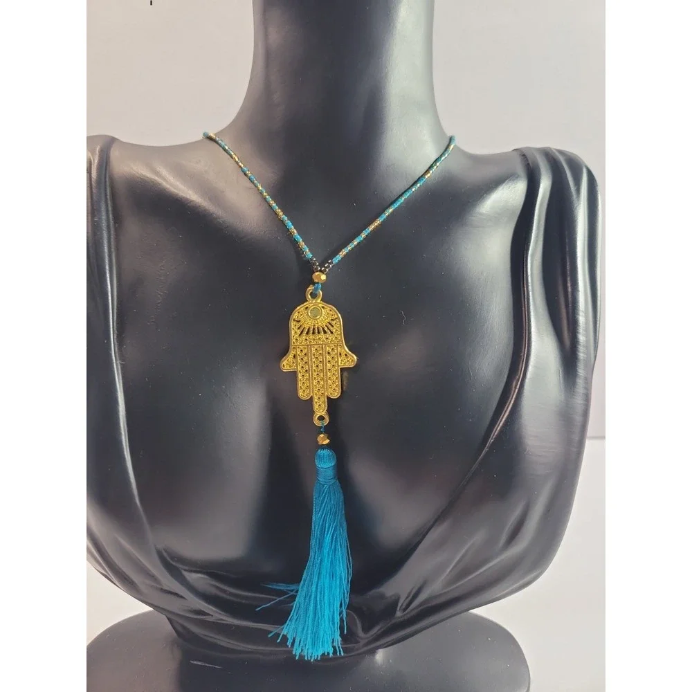 Gold Tone Hamsa Hand Blue Tassel Necklace Beaded Boho Evil Eye Protection